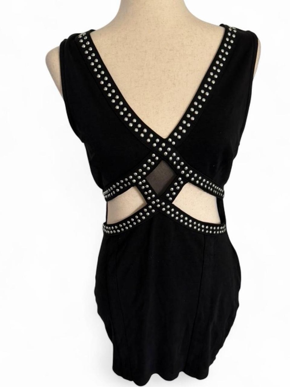 Y2K Indie Sleaze Studded Mesh Cutout Bodycon Black Mini Dress Party Girl Grunge